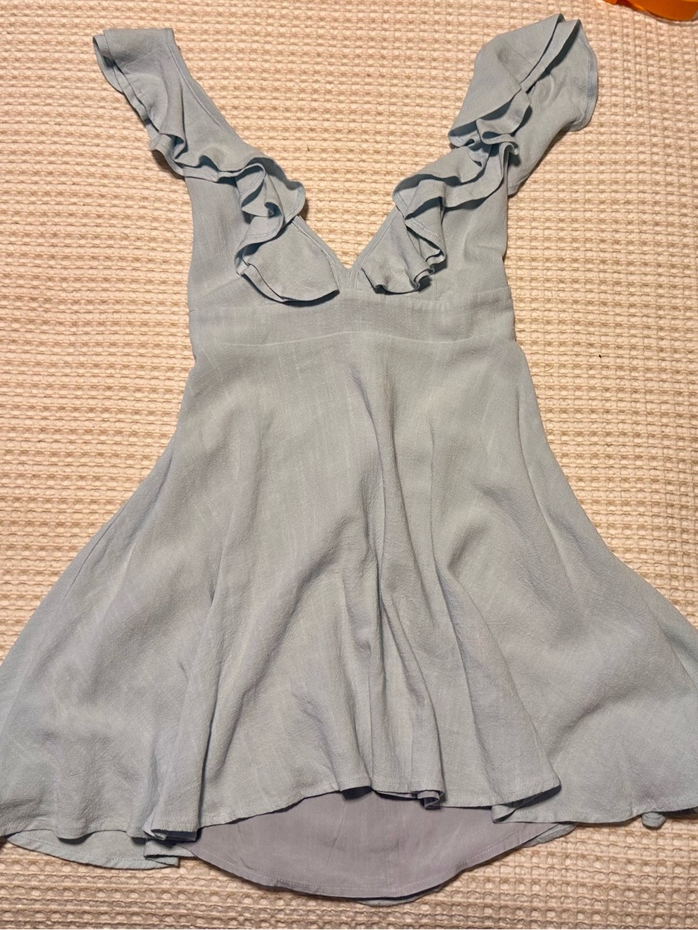 White Fox Boutique Pale Blue Ruffle V-Neck Mini Dress